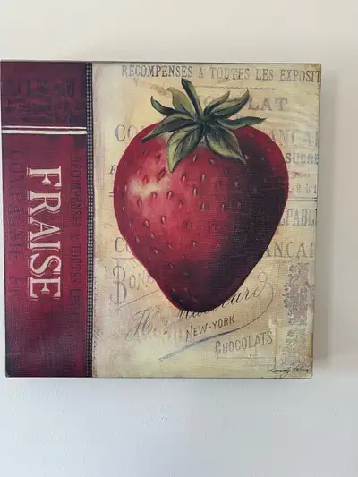 Picture of a Strawberry with words on it. Canvas like material picture. Frame size 11-1/2 inches by...