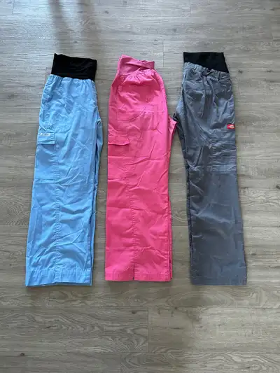 Blue & pink ones are from Mobb size medium petite. Grey ones are from Dickie’s size small.