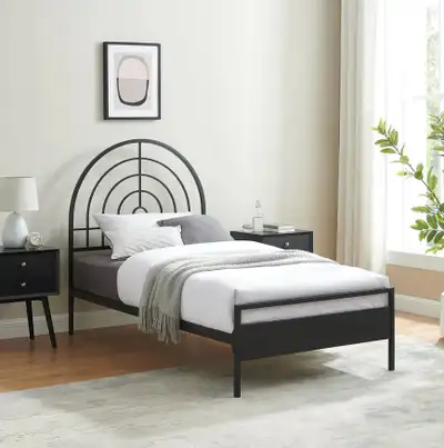 Black Metal Mid-Century Modern Twin Metal Bed Frame with Arch Headboard Contemporary style White fin...