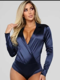 Women's Small Crossbody Navy Blue Silk Bodysuit 