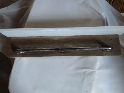 Hand crafted Towel Bar. Chrome Towel Rack mounted on 100 year old Barn Board. White shelf on the rac...
