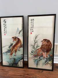 Antique chinese silk embroidery framed set (lion & tiger)