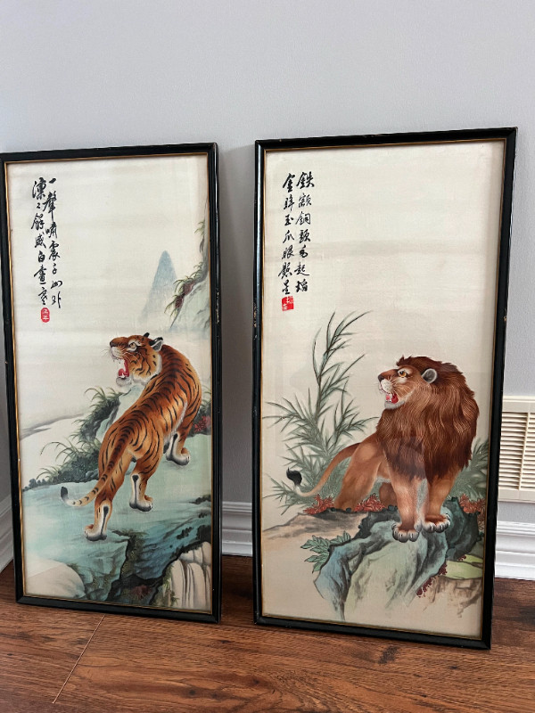 Antique chinese silk embroidery framed set (lion & tiger) in Arts & Collectibles in Belleville