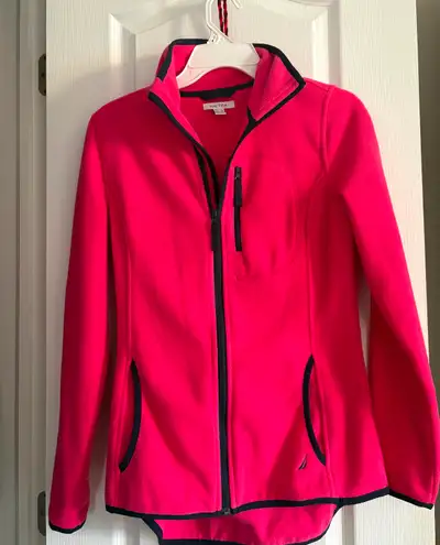 Like new, comfortable fleece material, minimal wear, a gorgeous saturated pink color with black trim...