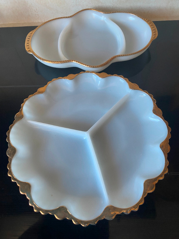 Vintage Fireking milk glass gold colour rim serving dishes x 2 in Arts & Collectibles in Dartmouth