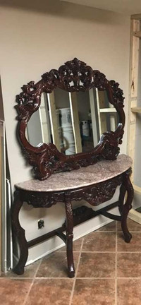 Ornately Carved Wood Mirror and Marble Top Table 