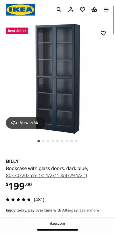 Selling an IKEA Billy bookcase in dark blue with glass doors. It's in good condition and would be pe...
