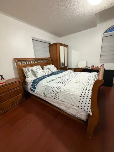 Wood Queen Bed Frame & Queen Mattress - Selling ASAP!, View more