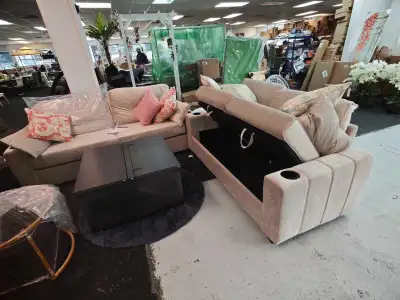 Beige Sectional Sofa with Storage and Cup Holders, View more