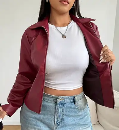 women’s red Burgundy lather jacket , View more