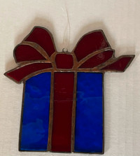 Stained Glass Suncatcher Blue Present Red Bow Christmas Ornament