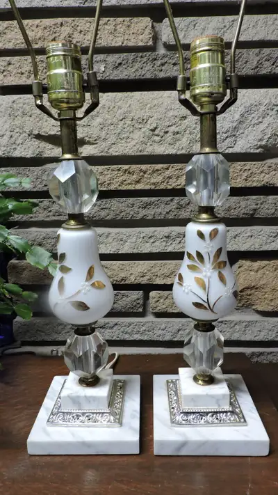 The marble bases are 4-1/4" square, 21" to the top of the harp. Both work as they should, no shades...