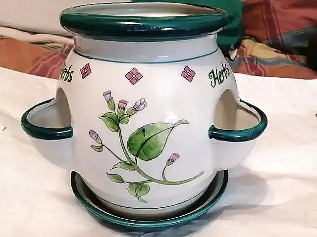 PORCELAIN HAND PAINTED FLOWER PLANTER W/ DISH 8" TALL