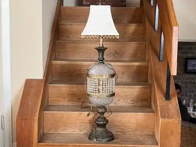 VINTAGE MCM NEOCLASSICAL CRYSTAL & BRASS LAMP ORIGINAL SHADE, View more