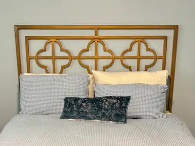 Queen Headboard - Metal Quatrefoil Latice"Antique Gold" Colour, View more