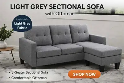 3 Seater Sectional Sofa with Ottoman Available in light grey fabric. Price: $599 Colors Available: L...