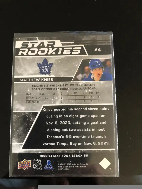 Matthew Knies 2023 upper deck star rookie card mint condition in Arts & Collectibles in City of Toronto - Image 3