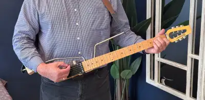 Portable / Travel electric guitar based on Telecaster 2 pickups layout with volume, tone control & p...