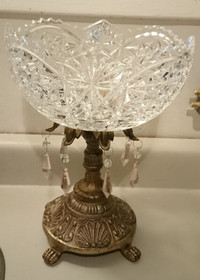 Antique Cut Crystal Bowl/ Compote with Brass Pedestal