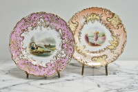 Pair 19th Century Hand-painted Landscape Plates River Waterfall