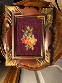 Vtg Floral Needle Work in an Ornate Distressed Style Frame 