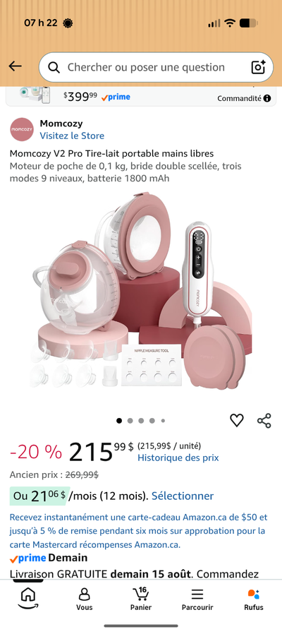 Momcozy V2 Pro Tire-lait portable mains libres Moteur de poche de 0,1 kg, bride double scellée, troi...
