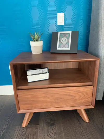 Mid century modern walnut nightstand, View more