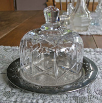 Covered Cut Glass Butter Dish With Silver Tray