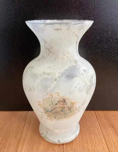 Vintage Decorative Frosted Swirl Marbled Art Glass Vase Cherub, View more
