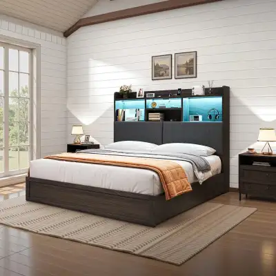 LED Bed with Bookcase Headboard & Charging Station $375, View more