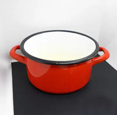 Vintage Medium Size Vintage Enamelware Orange w Black Trim, View more