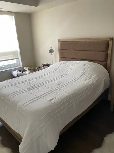 Queen sized bed with box spring, mattress frame and head board, View more