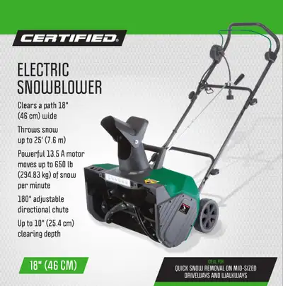 18 Inch Electric Snowblower - Rarely Used, View more