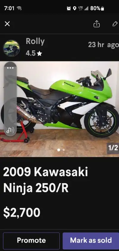2009 Kawasaki Ninja 250/R..16000 kms. Runs good. Comes with stand. Extra pads ..lock. rear signals....