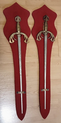 Vintage Long Metal Swords On Red Velvet Display Wall Hangers