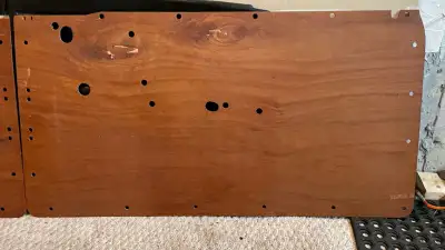 Interior door restoration backing boards for left and right side, made of wood with CNC cutouts. Bot...