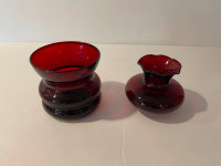 2 decorative cranberry glass vases