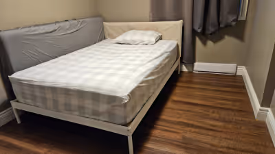 1) Ikea KLEPPSTAD Bed frame, white/Vissle beige. 2) Bed Slats. 3) Mattress. 4) Mattress protection c...