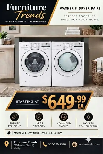 LG, Samsung, and Electrolux Washer and Dryer Pairs, View more
