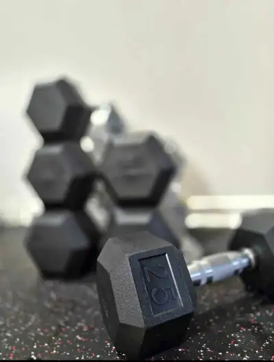 25lb, 30lb 35lb Pound Rubber Hex Dumbbell Set - New! Brand New Dumbbells Set includes: 25lb pair - $...