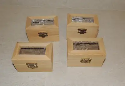 USED LIKE NEW Qty 4 - small wood treasure boxes approx size - 3.5 inch x 2.5 inch x 2 1/4inch (tall)...