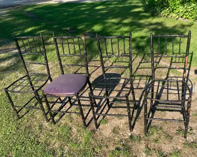 Set of 4  Vintage, Heavy, Metal Chairs, one with old seat, View more