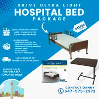 New Hospital Bed Package, Therapeutic Mattress, Overbed Table & 