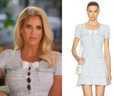 SELF-PORTRAIT Light Blue Tweed Checked Bow-Detail Dress - M, View more