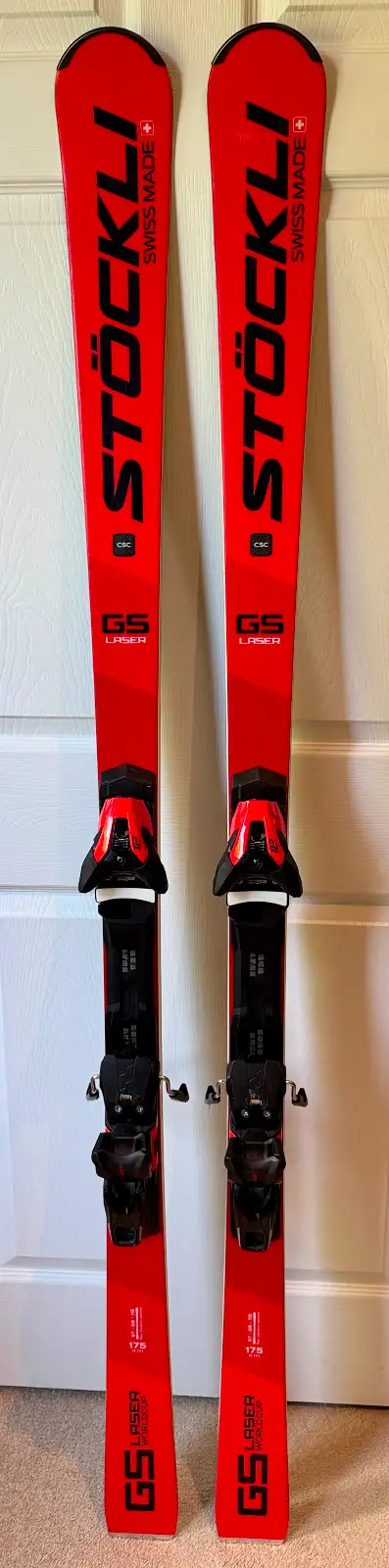 Selling a set of 2022 Stockli Laser GS skis in the 175cm length mounted with the fully adjustable SR...