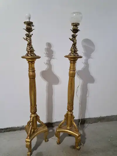 Pair of Antique Hand-Carved Gilt Wood Italian Floor Lamps, View more