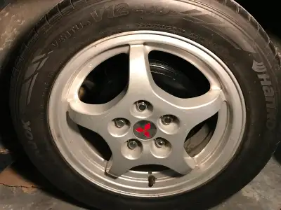 Set of 4 good shape w hankook/continental summer 225/50/16” tires. Fits other Mitsubishi years too.
