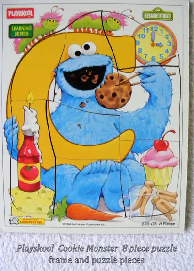 VINTAGE PLAYSKOOL wood jig-aw puzzle COOKIE MONSTER 8 pcs, 4-8, View more