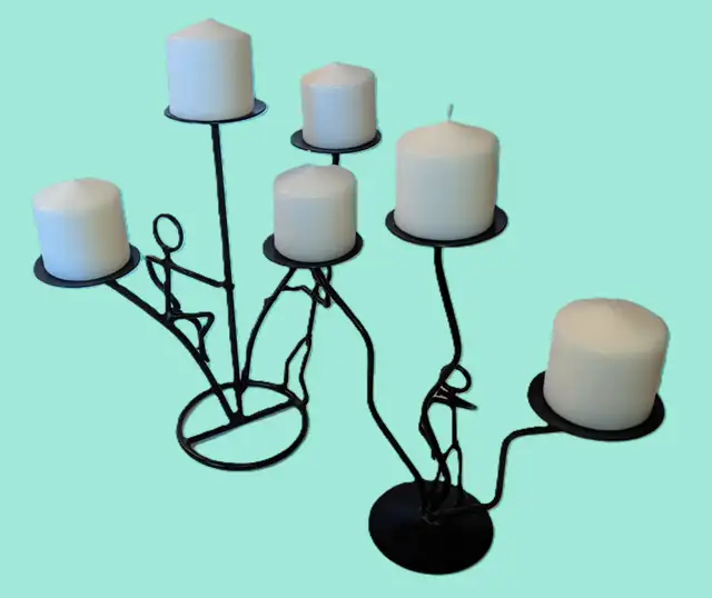 Funky Pair Modern Wrought Iron Figural Candle Holders w/Candles!