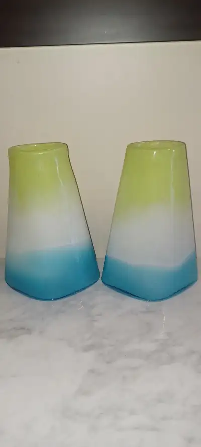 10"T Pair of Haetinger Handmade Rainbow Glass Vases, View more